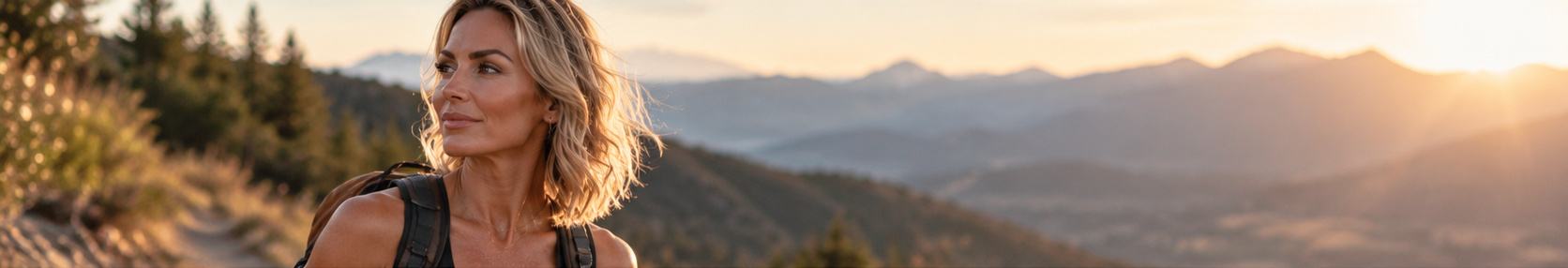 A woman on a mountain trail at sunset