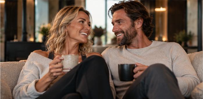 A smiling couple sharing coffee on a sofa